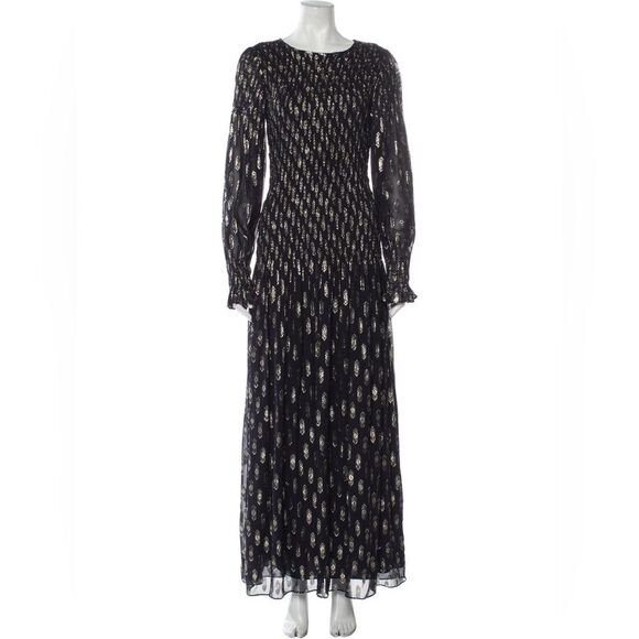 RARE NWT Loveshackfancy Navy and Gold Metallic Ikat Scarlett Silk Gown Dress - Picture 2 of 8